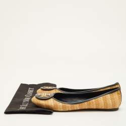Pre Owned Tory Burch Reva Size 39.5 Beige/Dark Green Raffia and Leather Ballet Flats