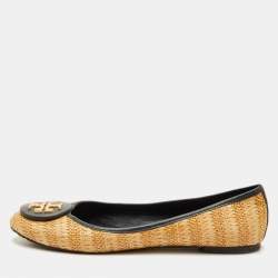 Pre Owned Tory Burch Reva Size 39.5 Beige/Dark Green Raffia and Leather Ballet Flats
