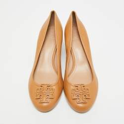 Pre Owned Tory Burch Benton Size 37.5 Tan Leather Wedge Pumps