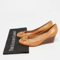 Pre Owned Tory Burch Benton Size 37.5 Tan Leather Wedge Pumps