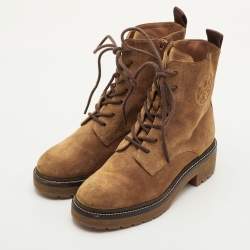 Pre Owned Tory Burch Miller Size 36.5 Tan Suede Lug Sole Lace Up Combat Boots