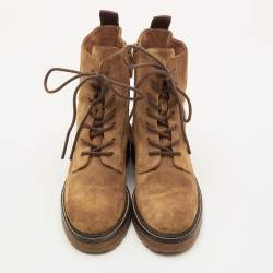 Pre Owned Tory Burch Miller Size 36.5 Tan Suede Lug Sole Lace Up Combat Boots