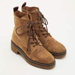 Pre Owned Tory Burch Miller Size 36.5 Tan Suede Lug Sole Lace Up Combat Boots