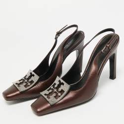 مملوكة مسبقًا Tory Burch Pave Size 38 Dark Brown Metallic Leather Slingback Pumps