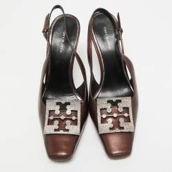 مملوكة مسبقًا Tory Burch Pave Size 38 Dark Brown Metallic Leather Slingback Pumps