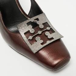 مملوكة مسبقًا Tory Burch Pave Size 38 Dark Brown Metallic Leather Slingback Pumps