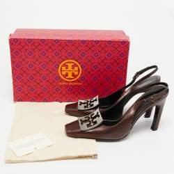 مملوكة مسبقًا Tory Burch Pave Size 38 Dark Brown Metallic Leather Slingback Pumps