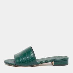 Pre Owned Tory Burch Martine Size 35.5 Green Croc Embossed Leather Slide Sandals