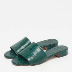Pre Owned Tory Burch Martine Size 35.5 Green Croc Embossed Leather Slide Sandals