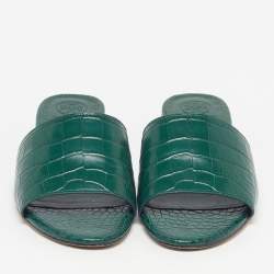 Pre Owned Tory Burch Martine Size 35.5 Green Croc Embossed Leather Slide Sandals