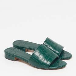 Pre Owned Tory Burch Martine Size 35.5 Green Croc Embossed Leather Slide Sandals