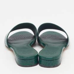 Pre Owned Tory Burch Martine Size 35.5 Green Croc Embossed Leather Slide Sandals