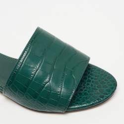 Pre Owned Tory Burch Martine Size 35.5 Green Croc Embossed Leather Slide Sandals