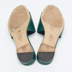 Pre Owned Tory Burch Martine Size 35.5 Green Croc Embossed Leather Slide Sandals