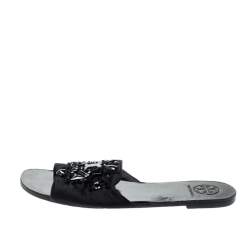 Pre Owned Tory Burch Black Gems Embellished Satin Delphine Flats Slides Size 39