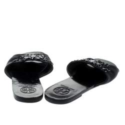 Pre Owned Tory Burch Black Gems Embellished Satin Delphine Flats Slides Size 39