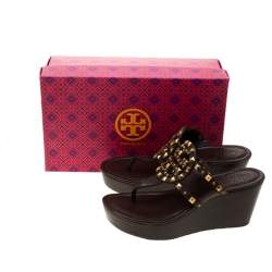 Tory Burch Brown Leather Marissa Studded Wedge Sandals Size 37