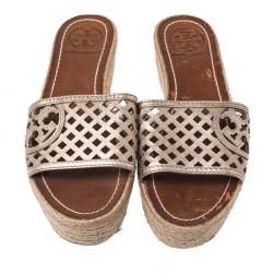 Pre Owned صندل توري برش جلد برونزي كعب روكي نعل سميك مقاس 36.5