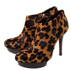 مملوكة مسبقًا Tory Burch Leopard Print Calfhair Pointed Toe Heel Ankle Boots Size 37.5