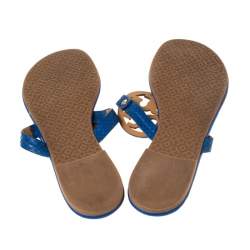 Pre Owned Tory Burch Blue Leather and Snakeskin Embossed Miller Flat Thong Sandals Size 37.5