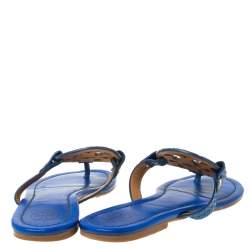 Pre Owned Tory Burch Blue Leather and Snakeskin Embossed Miller Flat Thong Sandals Size 37.5