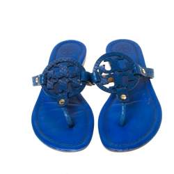 Pre Owned Tory Burch Blue Leather and Snakeskin Embossed Miller Flat Thong Sandals Size 37.5