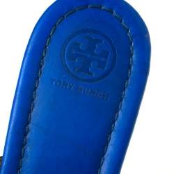 Pre Owned Tory Burch Blue Leather and Snakeskin Embossed Miller Flat Thong Sandals Size 37.5