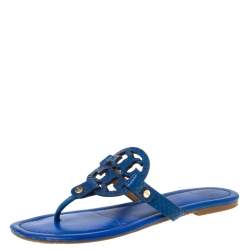 Pre Owned Tory Burch Blue Leather and Snakeskin Embossed Miller Flat Thong Sandals Size 37.5