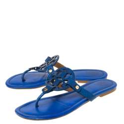 Pre Owned Tory Burch Blue Leather and Snakeskin Embossed Miller Flat Thong Sandals Size 37.5