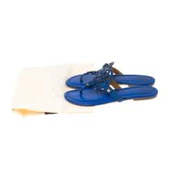 Pre Owned Tory Burch Blue Leather and Snakeskin Embossed Miller Flat Thong Sandals Size 37.5