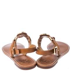 مملوكة مسبقًا Tory Burch Brown Leather Everly T-Strap Flat Sandals Size 38.5