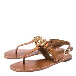 مملوكة مسبقًا Tory Burch Brown Leather Everly T-Strap Flat Sandals Size 38.5