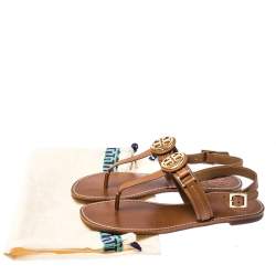 مملوكة مسبقًا Tory Burch Brown Leather Everly T-Strap Flat Sandals Size 38.5