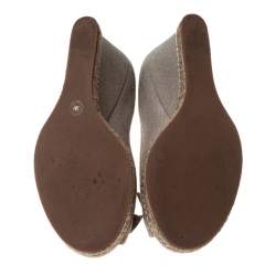 Pre Owned Tory Burch Beige Canvas Jackie Bow Espadrille Wedge Pumps Size 35