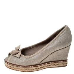 Pre Owned Tory Burch Beige Canvas Jackie Bow Espadrille Wedge Pumps Size 35