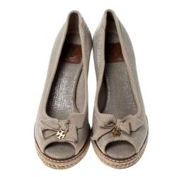 Pre Owned Tory Burch Beige Canvas Jackie Bow Espadrille Wedge Pumps Size 35