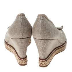 Pre Owned Tory Burch Beige Canvas Jackie Bow Espadrille Wedge Pumps Size 35