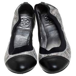 مملوكة مسبقًا Tory Burch Silver/Black Quilted Leather Garter Ballet Flats Size 36