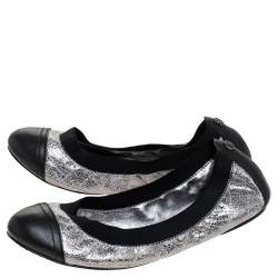 مملوكة مسبقًا Tory Burch Silver/Black Quilted Leather Garter Ballet Flats Size 36
