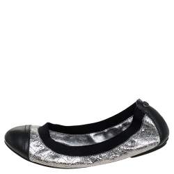 مملوكة مسبقًا Tory Burch Silver/Black Quilted Leather Garter Ballet Flats Size 36