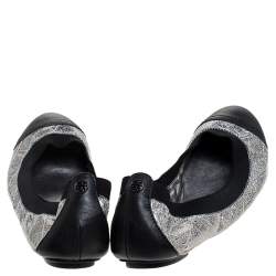 مملوكة مسبقًا Tory Burch Silver/Black Quilted Leather Garter Ballet Flats Size 36
