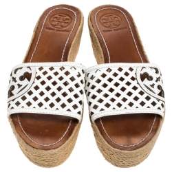 Tory Burch White Cutout Leather Espadrille Wedge Platform Sandals Size 39