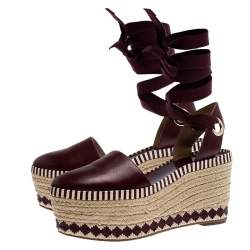 Pre Owned Tory Burch Burgundy Leather Dandy Ankle Wrap Espadrille Wedge Sandals Size 37.5