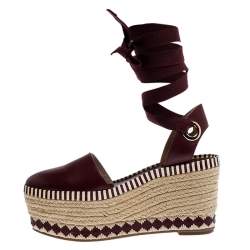 Pre Owned Tory Burch Burgundy Leather Dandy Ankle Wrap Espadrille Wedge Sandals Size 37.5
