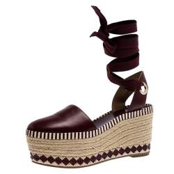 Pre Owned Tory Burch Burgundy Leather Dandy Ankle Wrap Espadrille Wedge Sandals Size 37.5