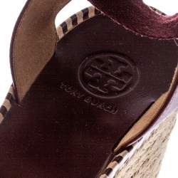 Pre Owned Tory Burch Burgundy Leather Dandy Ankle Wrap Espadrille Wedge Sandals Size 37.5