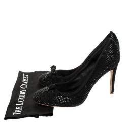 Pre Owned Tory Burch Black Suede Crystal Embellished Bow Round Toe Pumps Size 41