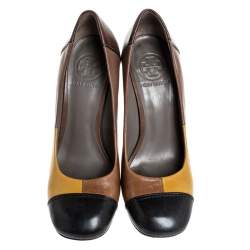 Pre Owned Tory Burch Multicolor Leather Taupe Block Heel Pumps Size 37