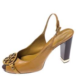مملوكة مسبقًا Tory Burch Mustard Yellow Leather Raphael Logo Slingback Open Toe Sandals Size 39.5