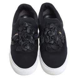 Pre Owned Tory Burch Black Neoprene And Leather Blossom Floral Applique Slip On Sneakers Size 37.5